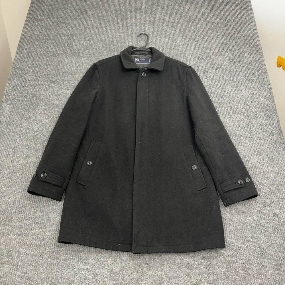 J Crew Car Coat Men M Black Wool Quilted Lining Button Front Classic Style